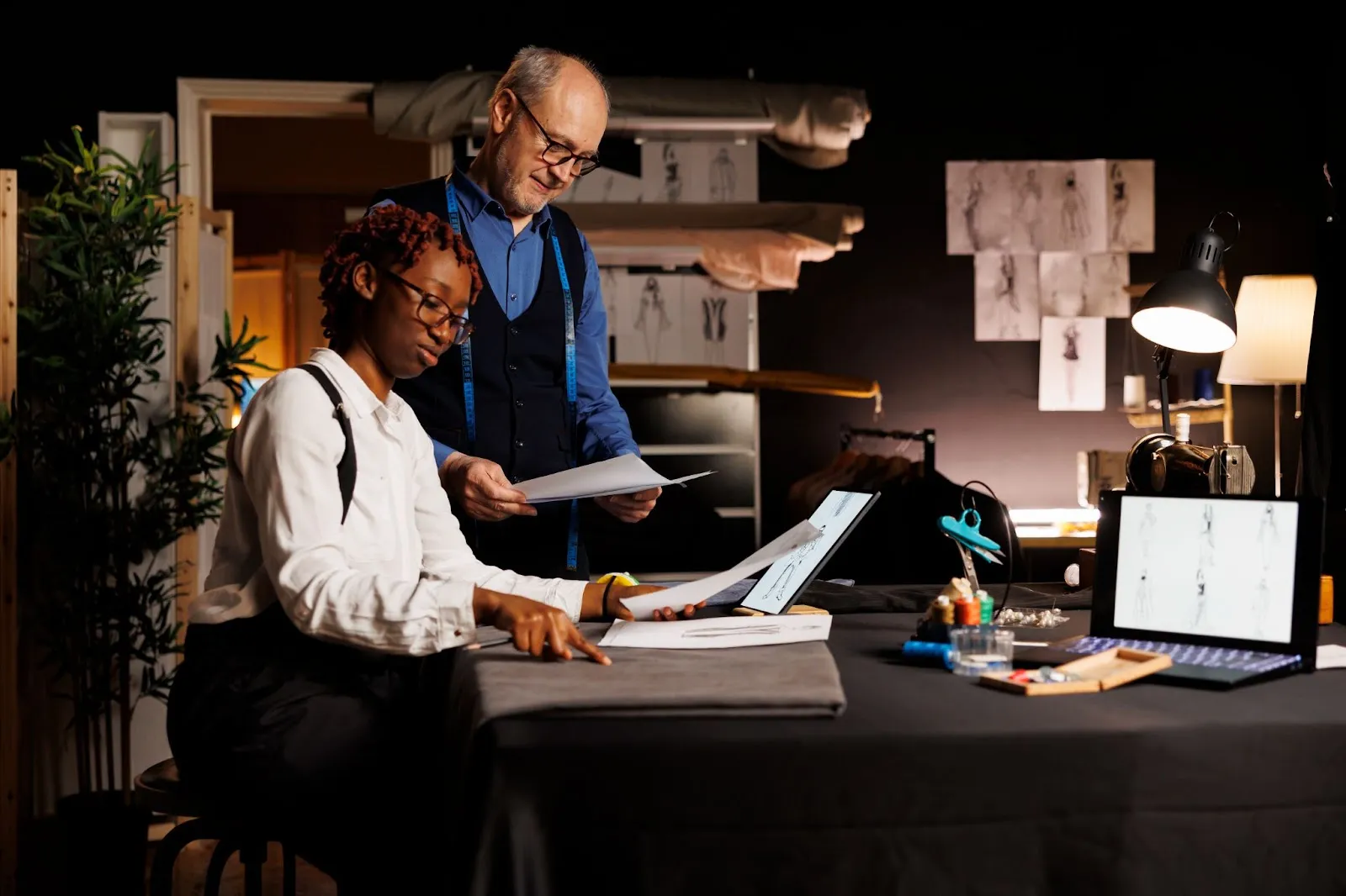 A man and a woman working late.