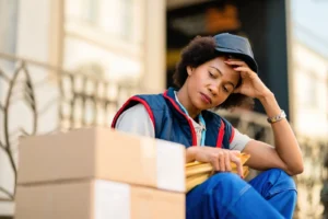 A woman holding his head with his hand at the workplace