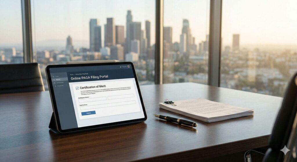 A high-end law office desk in a Los Angeles high-rise featuring a tablet displaying a digital PAGA filing portal and Certification of Merit form, overlooking a sunlit city skyline.