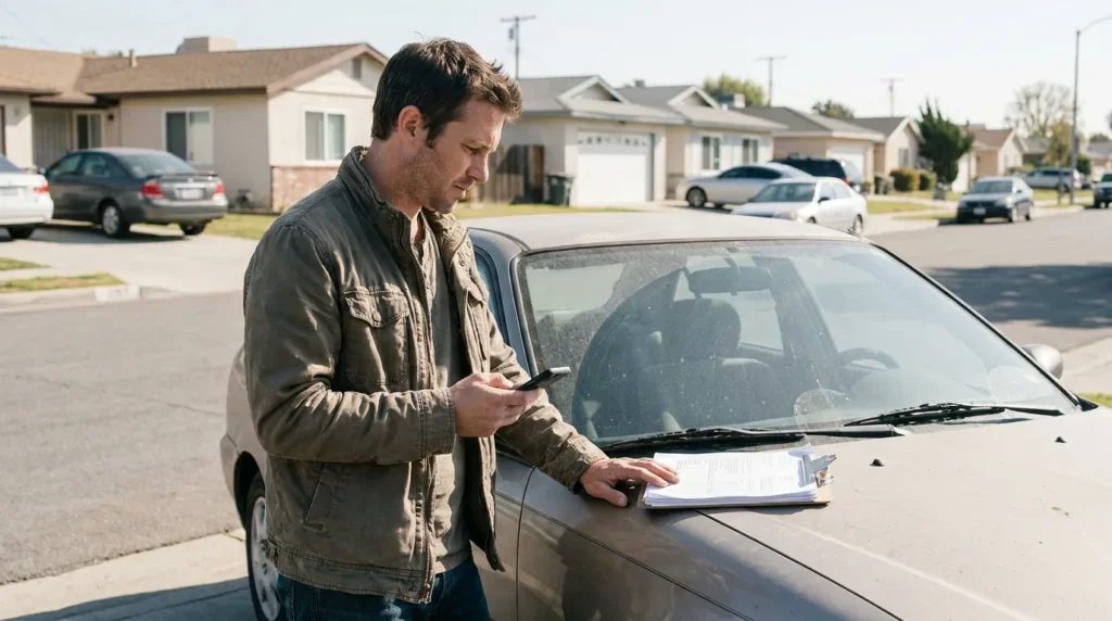 man standing beside car holding phone with documents on hood