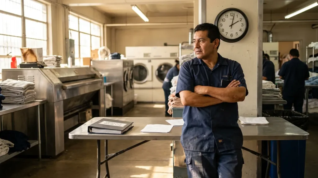 laundry facility worker standing arms crossed beside table with binder and documents