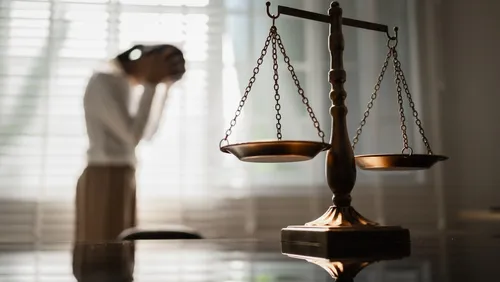 Scales of justice on desk with blurred courtroom background