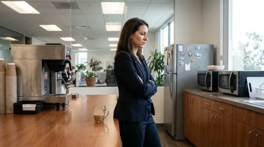woman in suit standing arms crossed in office break room near coffee maker
