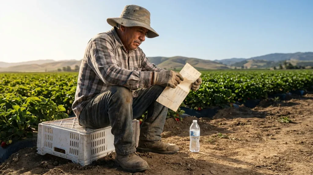 farmworker sitting on crate in strawberry field reviewing document with water bottle nearby
