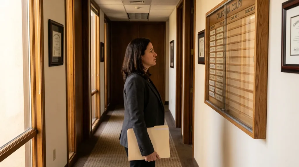 female attorney holding case folder reviewing California Court case docket board in hallway