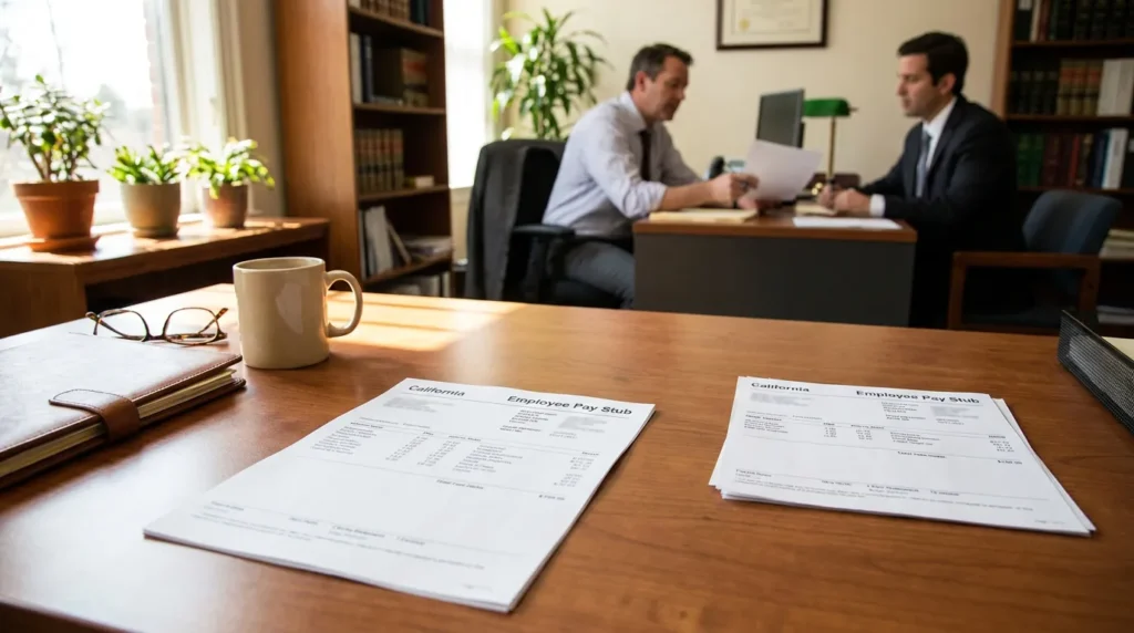 California Employee Pay Stub documents on desk during attorney-client meeting