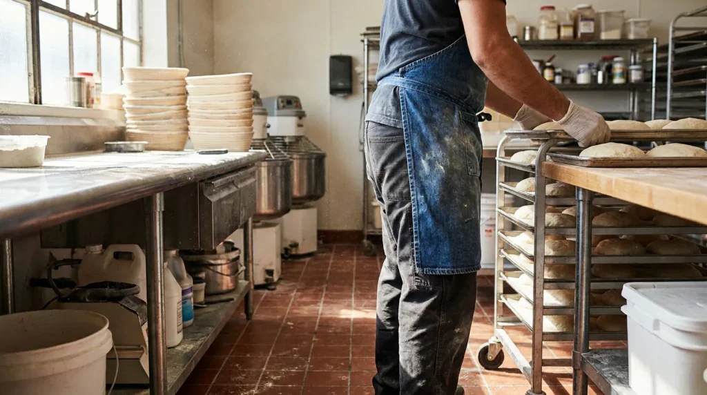 bakery worker in apron and gloves loading bread dough onto rolling rack