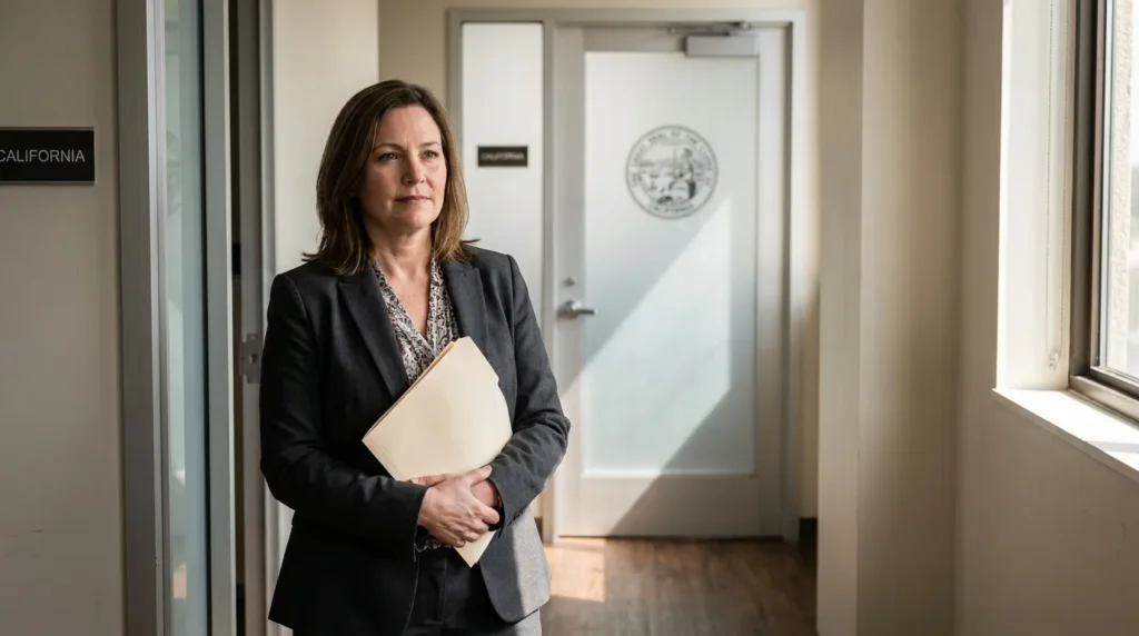 female attorney holding legal folder standing outside California state seal office door