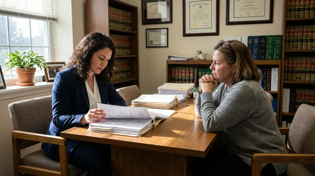 attorney reviewing legal documents with client across desk in certificate-lined office