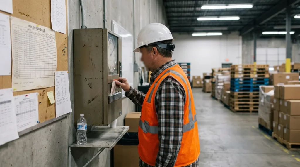 warehouse worker in hard hat punching time clock beside employee schedule board