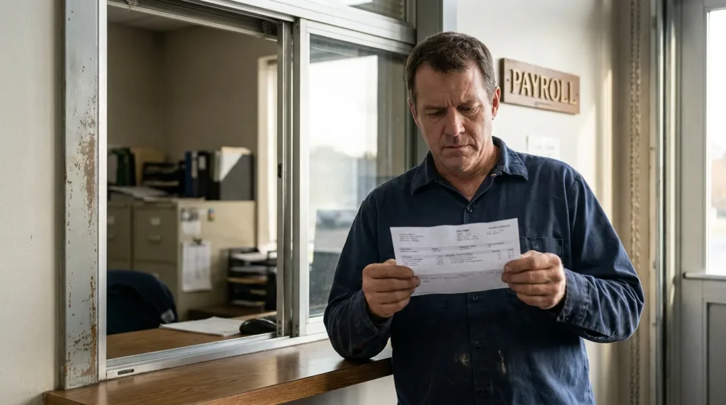 worker examining paycheck document at payroll office service window