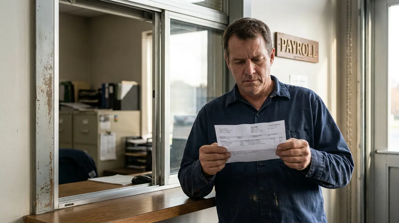 worker examining paycheck document at payroll office service window