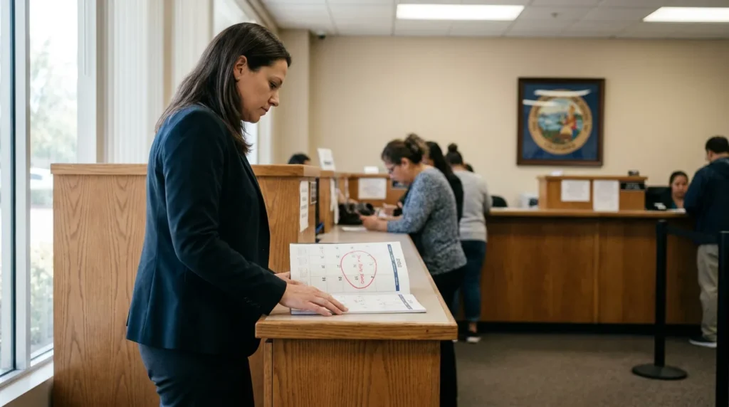 attorney reviewing calendar with circled date at courthouse clerk counter