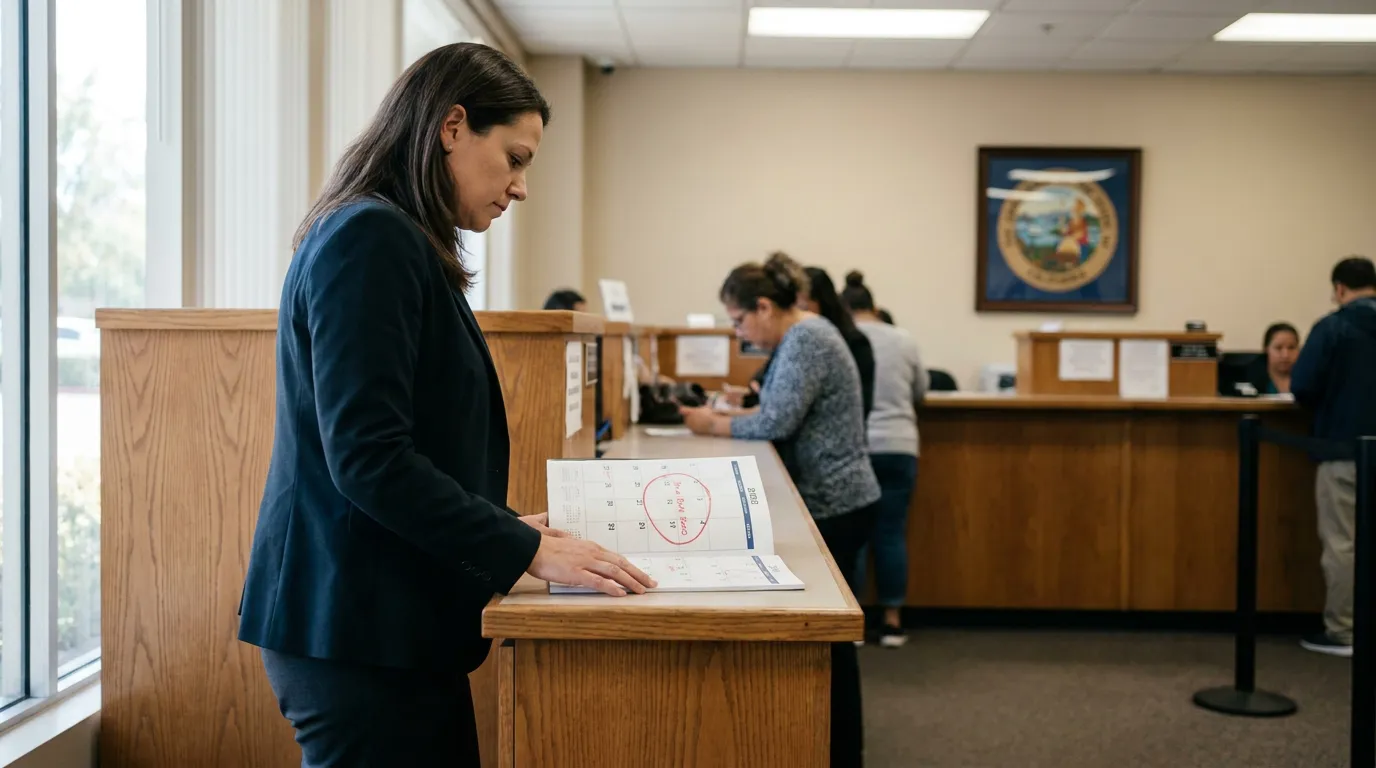 attorney reviewing calendar with circled date at courthouse clerk counter