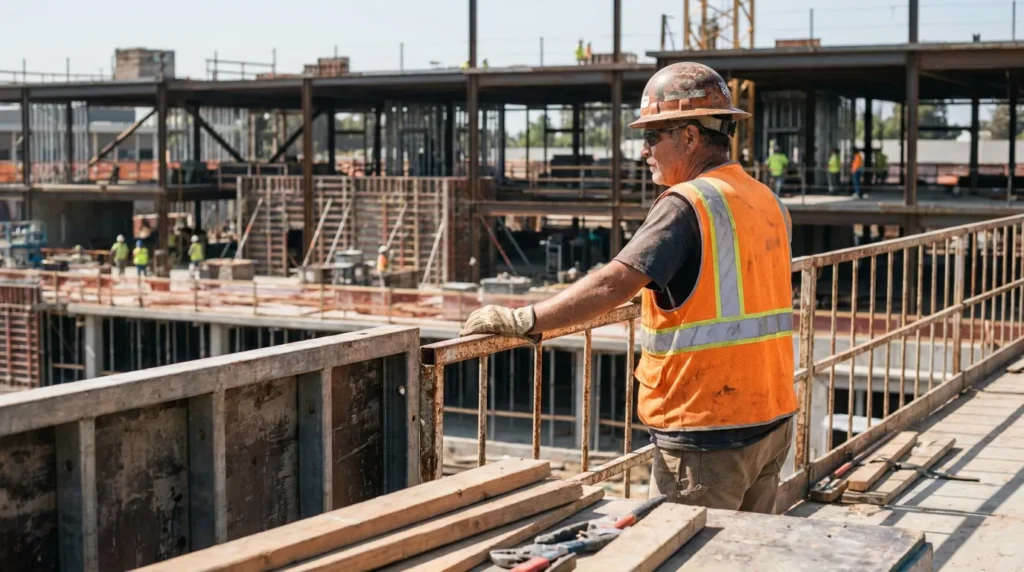 construction worker in hard hat and safety vest overlooking active job site