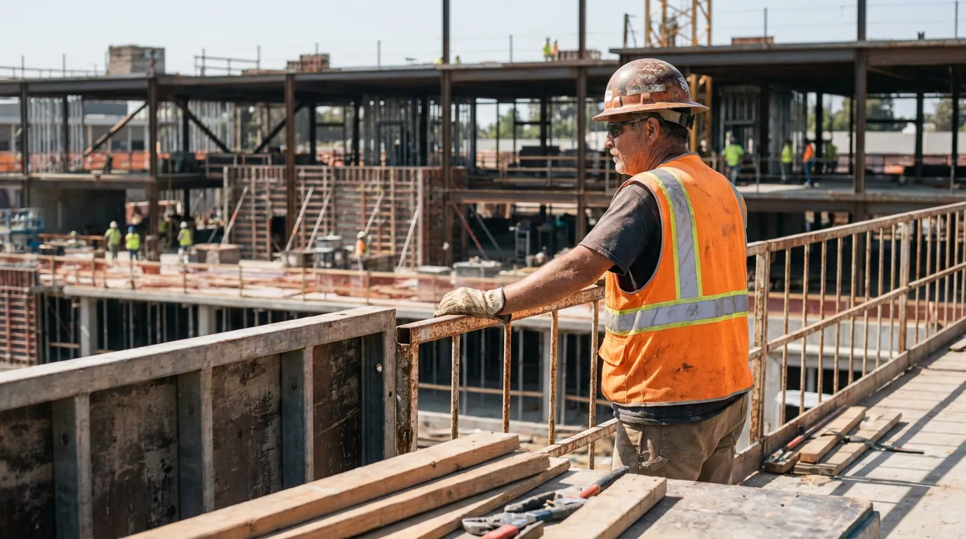 construction worker in hard hat and safety vest overlooking active job site