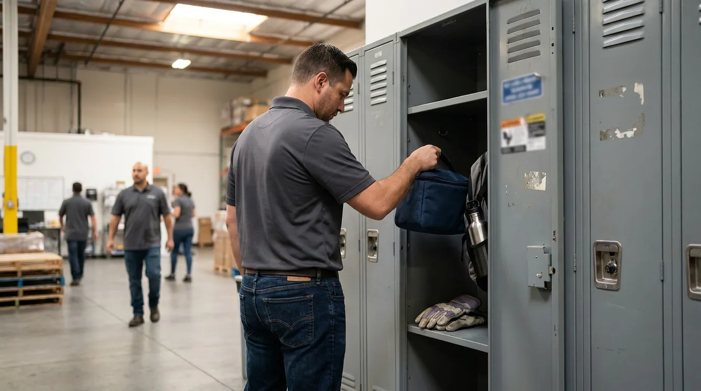 Warehouse worker placing bag into metal locker beside work gloves
