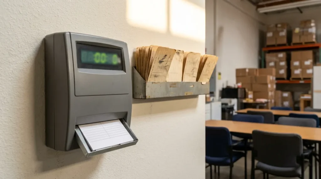 Wall-mounted time clock with punch card rack above warehouse break room tables