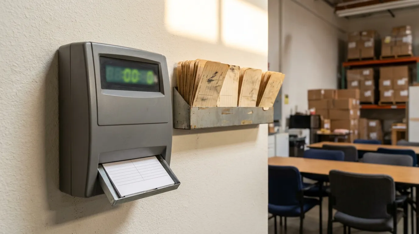 Wall-mounted time clock with punch card rack above warehouse break room tables