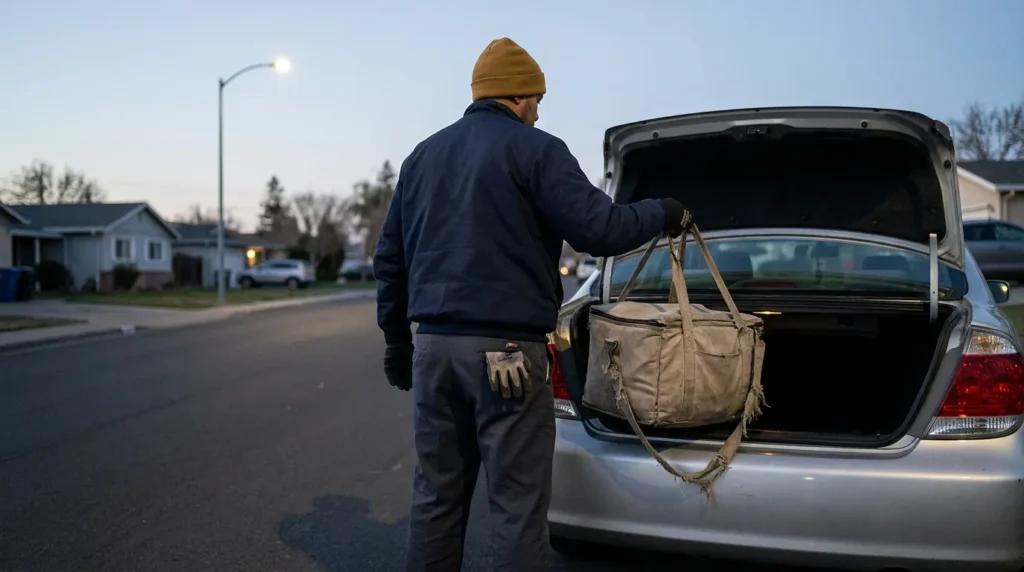 Worker loading worn duffel bag into car trunk at dawn