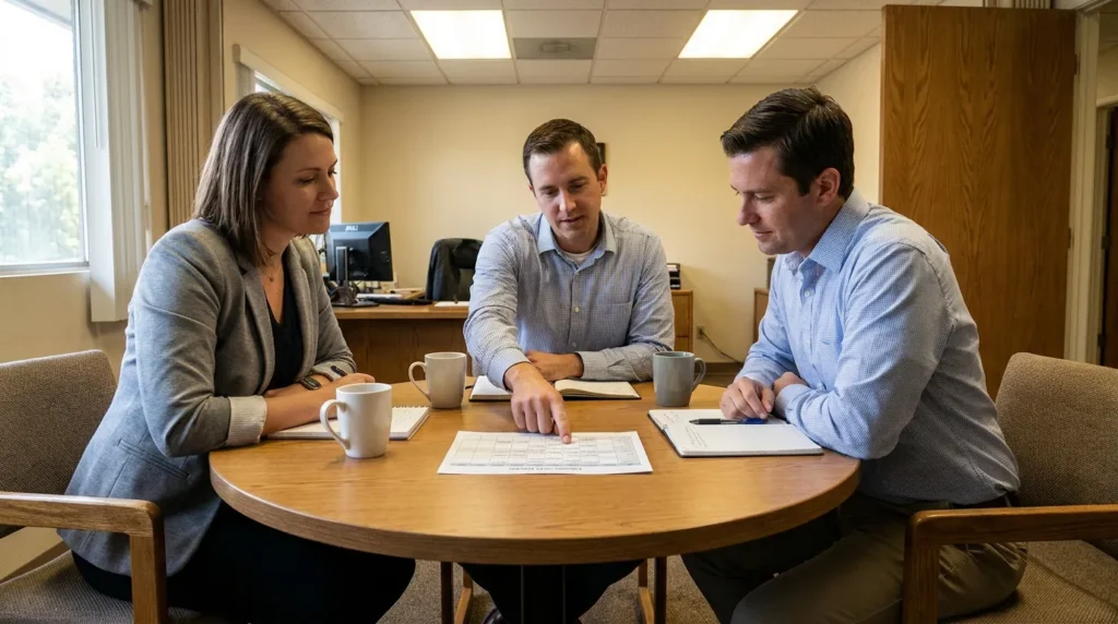 three professionals reviewing printed document and open notebooks at office conference table