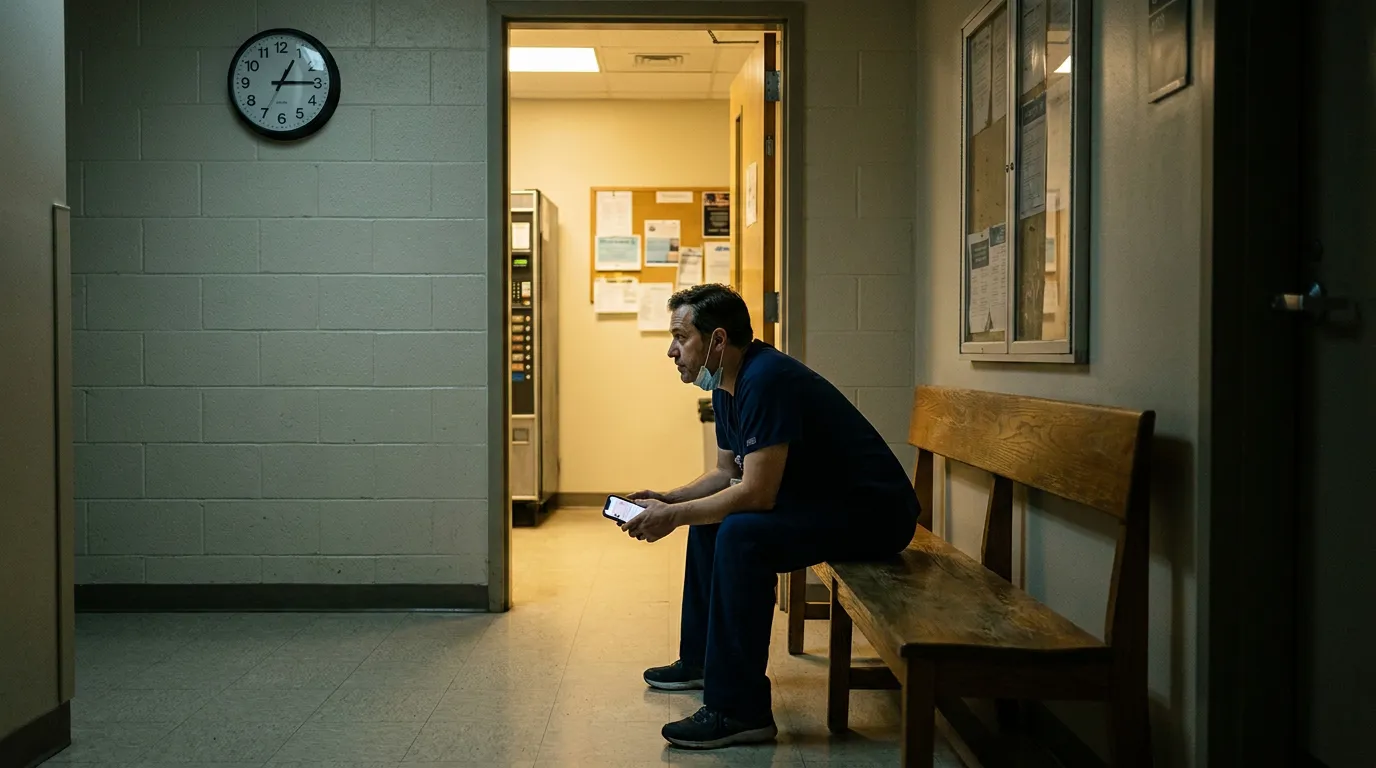 medical professional in scrubs sitting on hallway bench holding smartphone near wall clock