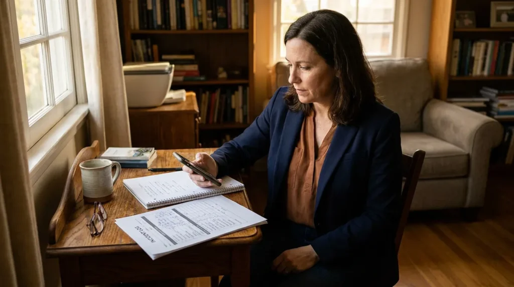 professional woman reviewing documents and smartphone at desk with open notebook